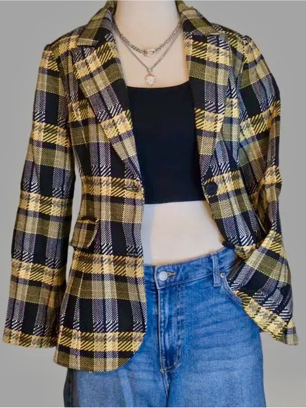 GREY LAB Black & Yellow Plaid Blazer Jacket